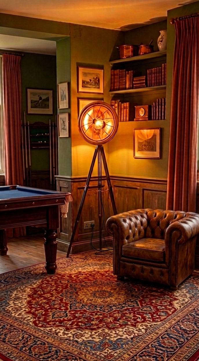 une lampe sur pied créée à partir d'un radiateur parabolique en cuivre et monté sur un trépied d'appareil photo éclaire d'une lumière orangé un salon anglais avec un billard et un fauteuil club